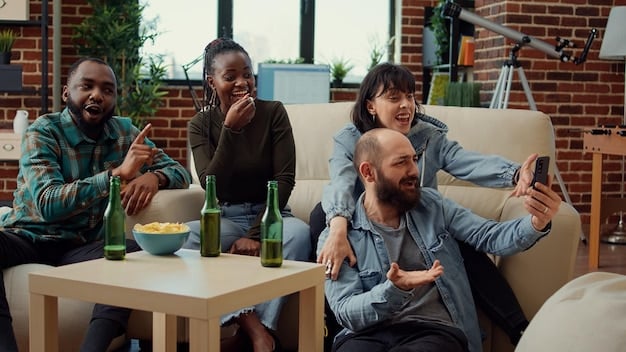 A diverse group of friends laughing and watching 