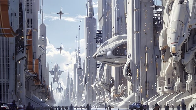 A detailed concept art rendering of a futuristic city with flying vehicles and towering structures, showcasing an immersive world from a sci-fi series.