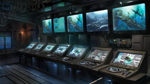 A futuristic control room with multiple screens displaying data and interactive elements, symbolizing the evolution of series production and storytelling technology.