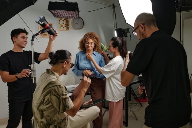 A diverse group of actors on a film set, captured in a candid moment of collaboration and discussion, representing the behind-the-scenes effort in creating compelling character dynamics for a series.