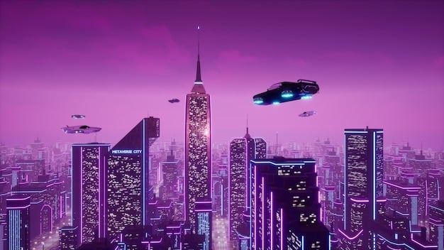 A futuristic city skyline at night with flying vehicles and neon lights, suggesting a high-tech sci-fi series.