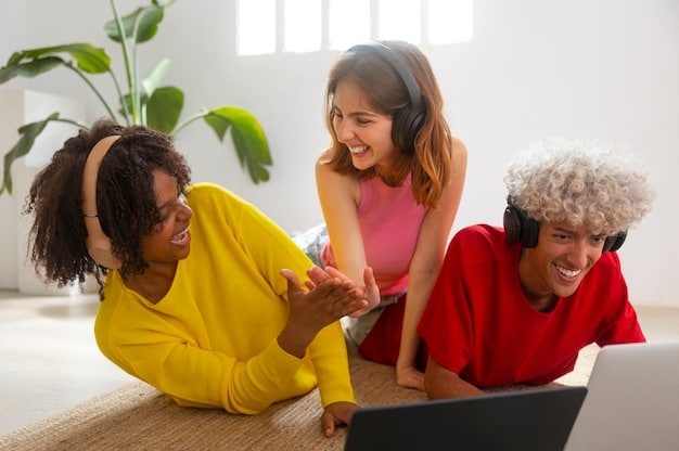 A diverse group of friends gathered around a laptop, laughing and pointing at the screen, clearly engrossed in a shared viewing experience of a TV series. The atmosphere is light and fun, suggesting camaraderie and shared enjoyment of an engaging show.