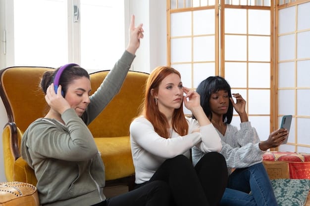 A group of friends excitedly sharing headphones and engaged in a lively discussion while watching a series on a large TV screen, representing the social aspect of binge-watching. Popcorn bowls and drinks are scattered around.