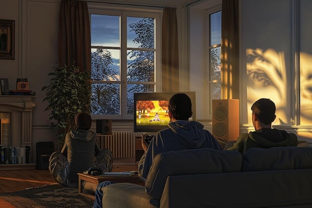 A cozy, dimly lit room with a person comfortably seated on a couch, focused on a large TV screen displaying a vibrant scene from a popular series, highlighting the ideal binge-watching environment.