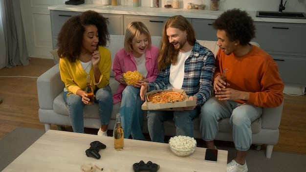 A group of friends sharing popcorn and blankets, laughing and reacting animatedly to a TV screen, embodying the joy and camaraderie of binge-watching together.