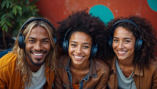 A diverse group of people from different backgrounds sharing headphones and smiling, indicating shared enjoyment of a series.