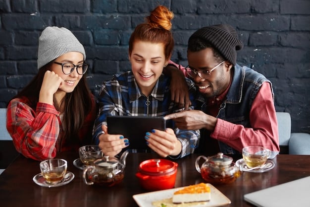 A diverse group of friends gathered around a tablet, laughing and pointing at the screen, with empty snack bowls and drinks scattered around, depicting shared binge-watching joy.