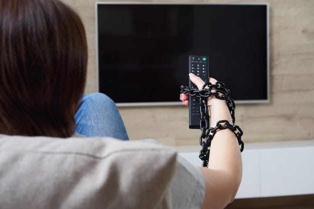 A close-up shot of a television screen displaying a dramatic scene from a popular series, with blurred hands holding a remote control in the foreground, indicating active engagement.
