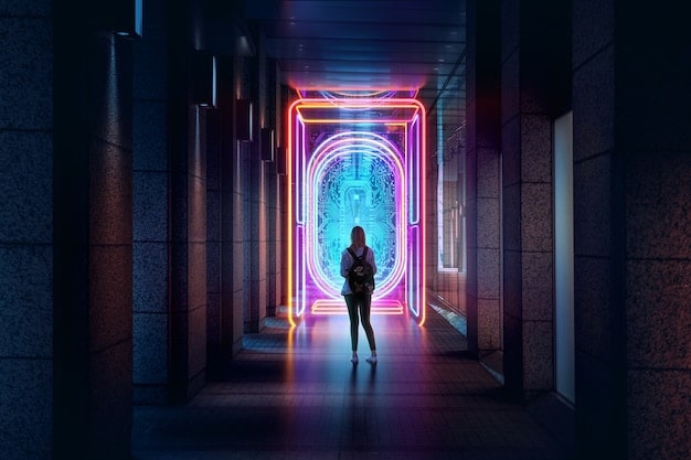 A futuristic sci-fi K-drama scene, showing a character in sleek, advanced tech gear gazing out at a sprawling, neon-lit cyberpunk city, with holographic advertisements in the background.