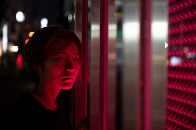 Close-up of a headphones-wearing individual listening intently, with subtle Korean script and city lights blurred in the background, representing immersive listening experience.