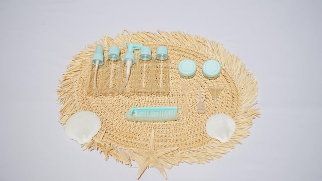A detailed flat lay of various K-beauty skincare products arranged neatly, including an essence, serum, moisturizer, and sunscreen, illustrating a comprehensive multi-step routine.