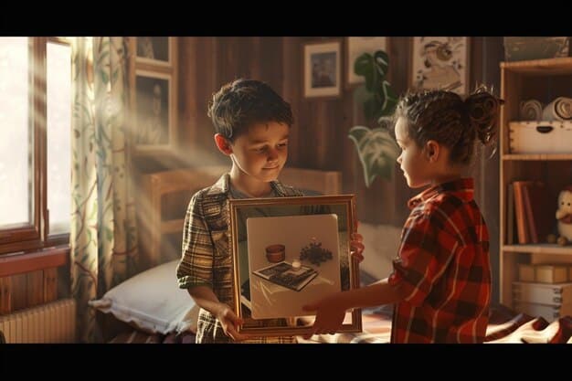 Gi-hun looking intensely at a framed photograph of a younger version of himself and another boy, possibly his brother, sharing a moment of childhood innocence. The photo is slightly faded and worn.