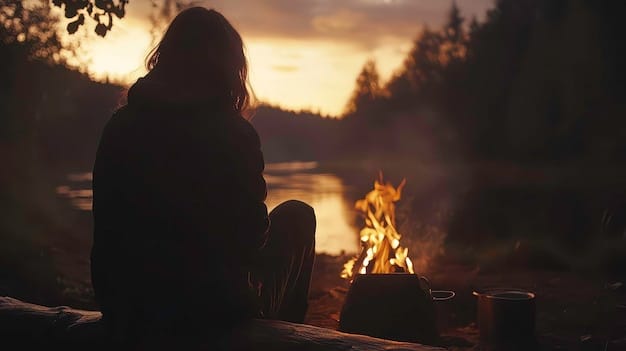 Ellie sitting alone by a campfire at night, her silhouette illuminated, with a faint, almost transparent image of Joel appearing as if watching over her from the shadows.