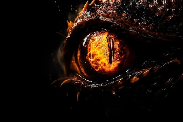 A dramatic close-up of a dragon's eye, reflecting the fiery chaos of battle, symbolizing the escalating violence and dragon warfare expected in Season 2.