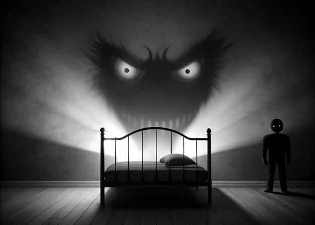 A shadowy figure with glowing red eyes subtly hidden within a dream sequence, depicting Percy Jackson tossing and turning in bed.