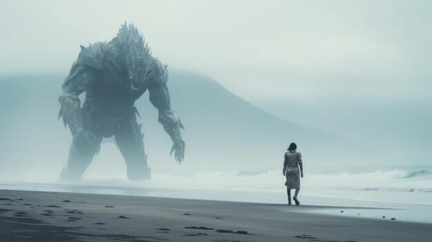 Cassian Andor standing alone on a desolate, storm-swept alien planet, looking reflectively at the horizon, portraying a sense of internal conflict and the psychological burden he carries. The landscape should feel isolated and vast.