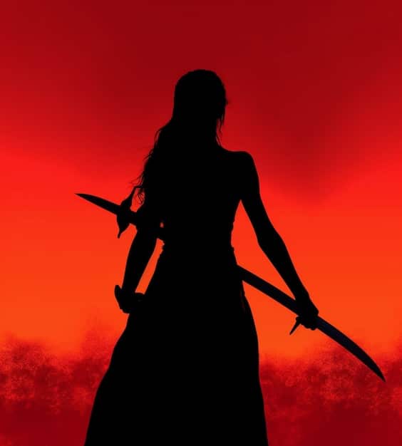 Ciri practicing her sword fighting with a silhouette of Geralt in the background, symbolizing her training under his guidance while hinting at her unique magical abilities. The scene is set in a training yard or an open field.