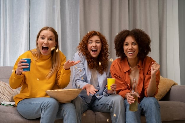 Three friends sitting on a couch, each laughing hysterically while watching a comedy series on TV. Snacks are scattered around them, and the atmosphere is light and fun.