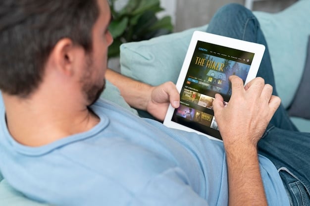 Someone scrolling through a streaming service on a tablet, highlighting the vast selection of shows and movies. The screen is filled with various thumbnails and genre categories, showcasing the user's search for a new binge-worthy series.