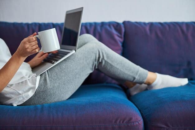 A person holding a cup of coffee, relaxing on a couch with a laptop displaying a streaming service interface filled with various thumbnails of binge-worthy series, subtly lit by the screen's glow. The scene should feel relaxed and depict the ease of accessing content.