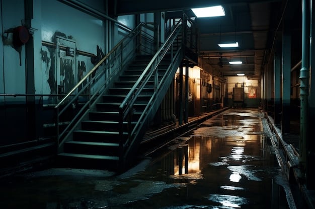 A dark, moody shot of an underground or semi-basement apartment, featuring dim, artificial lighting and cramped spaces, typical of urban poverty, reflecting the themes of 