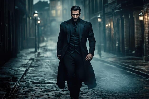 A stylish male anti-hero in a dark suit standing symmetrically in a grand, opulent lobby, with rich gold decorations, from 