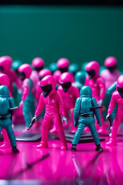 A group of players in green tracksuits standing in a vast, pastel-colored, geometrically designed arena with a giant doll, from 