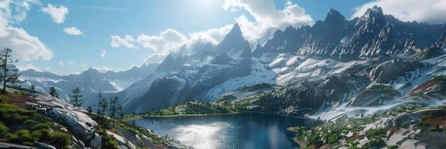 A breathtaking panoramic shot featuring a Swiss landscape with majestic mountains and a tranquil lake, emphasizing vastness and romantic escape, as seen in 