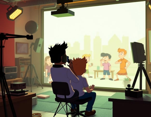 A K-drama director explaining a camera movement to a cinematographer, with storyboards visible in the background, illustrating meticulous planning for a scene.