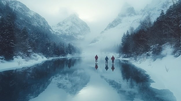 A dramatic wide shot of two figures standing on a snow-covered mountain peak, looking out over a vast, majestic landscape under a soft, diffused sky, evoking a sense of grandeur and isolation.