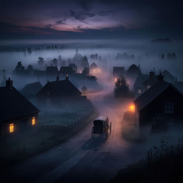 A chilling scene of a dark, abandoned Joseon-era village, with overturned carts and eerie shadows, suggesting recent turmoil and danger. The atmosphere is tense and foreboding.