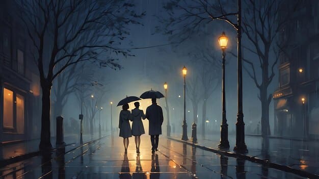 Two K-drama characters are standing under a streetlight in the rain, looking at each other intently. The rain blurs their features slightly, lending a romantic and melancholic atmosphere to the scene, emphasizing the uncertain nature of their relationship: will it blossom or fade?