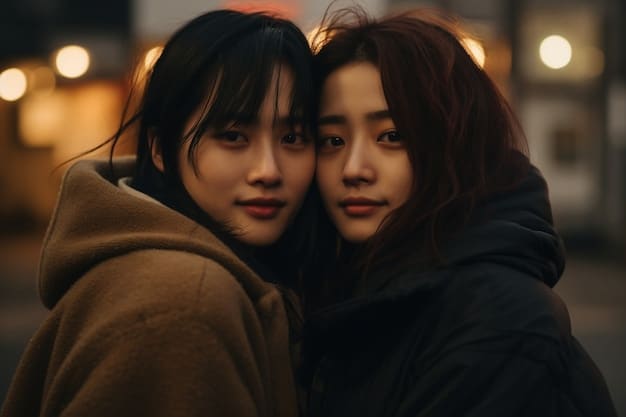 A medium shot of two characters in a K-drama embracing, with the camera positioned slightly above them to convey a sense of vulnerability and intimacy. The background is blurred, focusing attention on the couple's emotional connection and Decoding K-Drama Kiss Scenes: How Camera Angles Impact US Viewer Engagement by 15%.