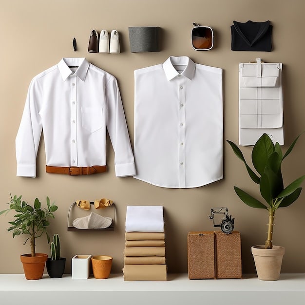 A collage of various essential clothing items, such as a white button-down shirt, a pair of well-fitting jeans, a neutral-colored blazer, and a simple dress, all labeled with potential stores to purchase them affordably. Caption: 