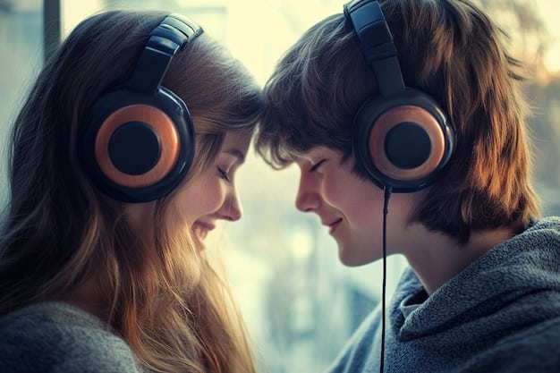 Two people listening to headphones together, sharing a moment of emotional connection. The image is softly focused to highlight the intimacy and feeling of shared music experience. This encapsulates the impact of a K-Drama OST Deep Dive: The Psychology Behind the Music's Emotional Impact on US Listeners.