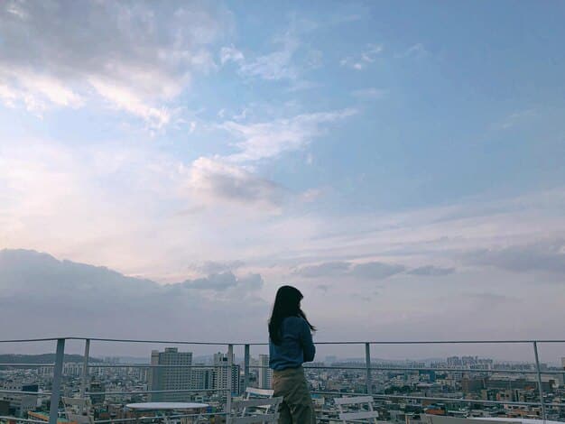 A medium shot of a K-drama protagonist standing alone on a rooftop overlooking Seoul at night. They have a thoughtful expression, holding a journal, symbolizing self-reflection and the journey 'from' confusion to clarity. The city lights twinkle around them, adding to the contemplative mood.