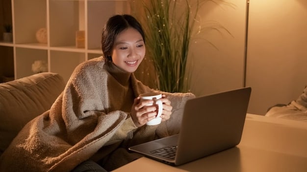 A person watching a K-drama on a laptop, with a cozy blanket and a cup of tea, symbolizing the comfort and accessibility of streaming platforms. The screen displays a scene from a Joseon-era historical drama.