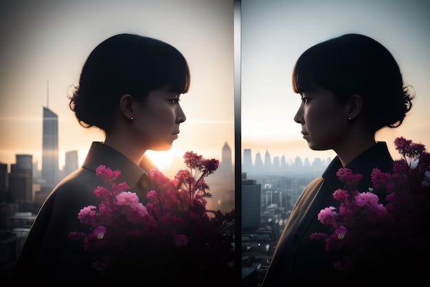 A split image of a serene scene from a K-drama versus a high-tension scene. The serene scene represents the build-up before a plot twist and the high-tension scene captures the aftermath. Title: Before and After: The Art of K-Drama Twists.