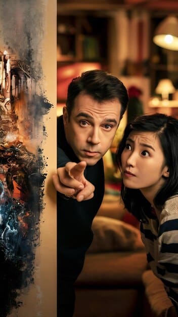 A close-up shot of two characters in a K-drama looking shocked and betrayed, possibly pointing guns or knives at each other. The scene should be dimly lit to enhance the drama.