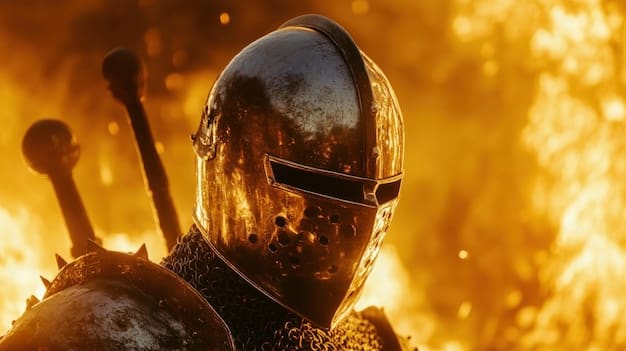 A close-up shot of a person in medieval armor amidst a battlefield with fire and smoke behind, highlighting the intensity and realism of the production design in 'House of the Dragon' Season 2: Leaked Production Stills Reveal Key Battle Scenes and Character Fates. The armor is dented and muddied, suggesting they have been fighting for a long time.