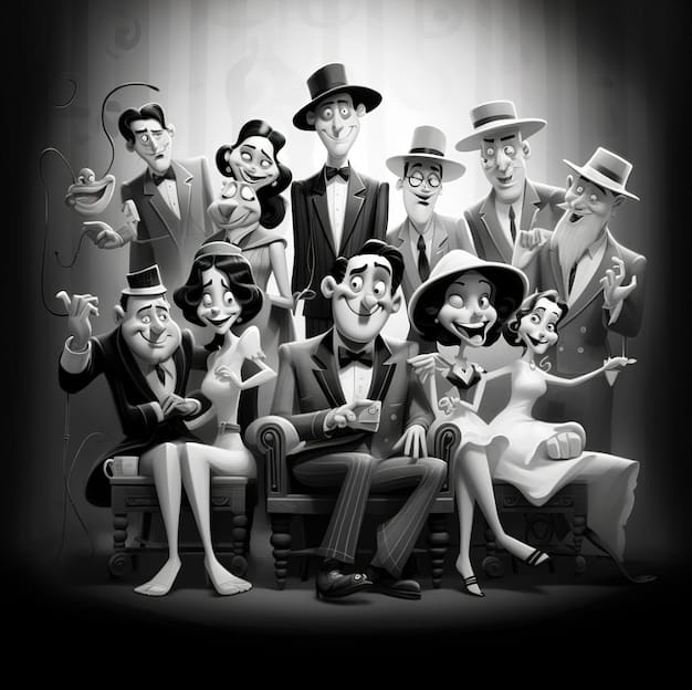 A stylized image depicting the ensemble cast of 