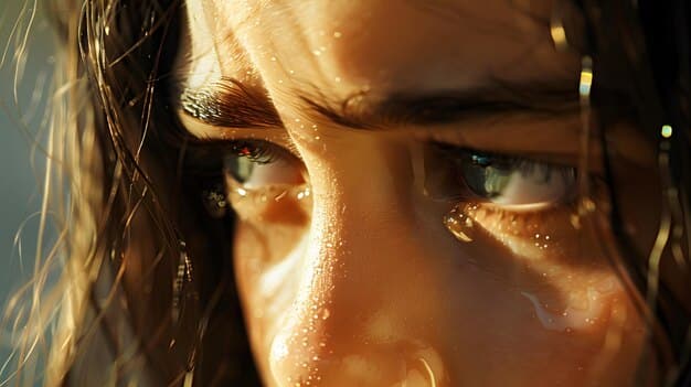 Close-up of Bella Ramsey's face as Ellie in 'The Last of Us' Season 2, showing a mix of determination and pain in her eyes. Background is blurred, suggesting intense emotional turmoil.