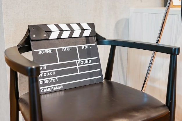 A close-up shot of a clapboard on the set of Andor Season 2, displaying the episode number, scene number, and take number. The clapboard is surrounded by various pieces of equipment and crew members, highlighting the collaborative effort involved in bringing the series to life. The clapboard directly relates to Andor Season 2: Disney+ Announces Production Wrap – Timeline Set Before Rogue One Events.