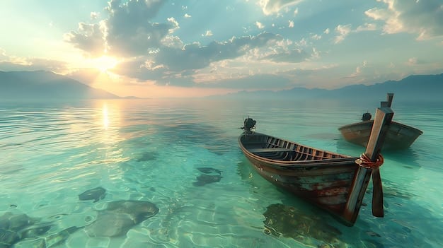 A serene image of a traditional Thai longtail boat on the turquoise waters of a secluded bay in Thailand. Towering limestone cliffs surround the bay, adding to the sense of isolation and beauty. The boat is empty, hinting at hidden stories and potential conflicts that could unfold in 'The White Lotus' Season 3: Location Revealed – Thailand Setting and New Cast Members Announced.