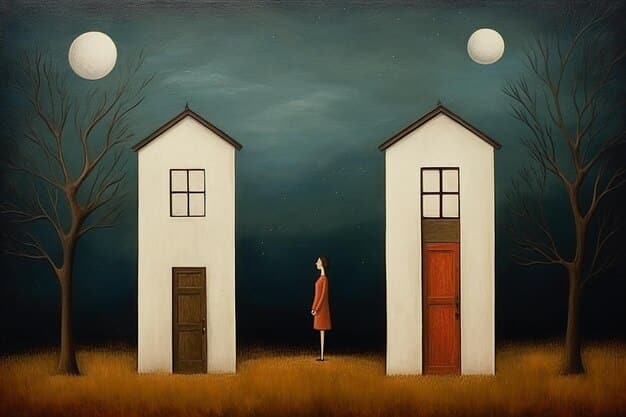 A shadowy, abstract depiction of the Evans' childhood home, with two figures (representing young Snape and Petunia) standing slightly apart, their shadows barely touching, symbolizing a proximal yet emotionally distant existence.