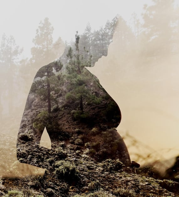A split image showing Shauna looking distressed in both the past timeline (in the wilderness) and the present timeline (as an adult). The image should emphasize the lasting impact of her trauma and inner turmoil.