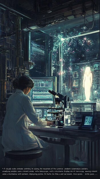 A digital artwork depicting a San-Ti scientist working in a futuristic laboratory. The lab is dimly lit, showcasing advanced technology alongside signs of decay and urgent repair. The scientist is focused on a complex apparatus, with holographic displays showing intricate data patterns, suggesting they are desperately seeking a solution to their environmental crisis. This emphasizes that in '3 Body Problem': Are the San-Ti's intentions more complex than simple conquest, perhaps a desperate search for a cure?