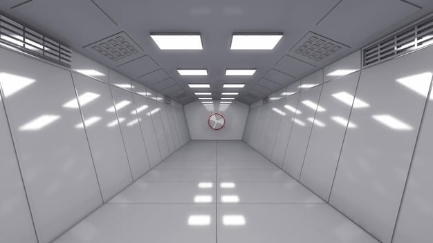 A panoramic view inside Vault 31, showing both the cryogenic chambers and the living quarters. The contrast between the frozen executives and the active residents highlights the vault's dual nature and the stark social divide.