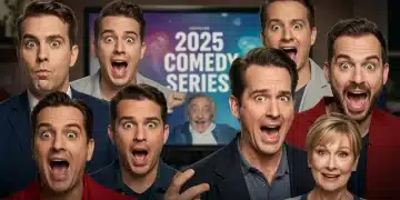A dynamic collage showcasing various comedic actors and elements, symbolizing the excitement for new 2025 comedy series.