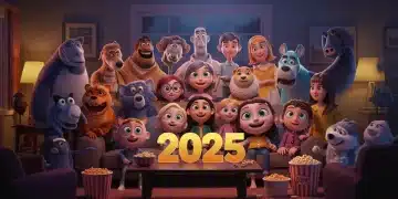 Diverse animated characters watching family-friendly animated shows on a screen in 2025, exuding joy and togetherness.
